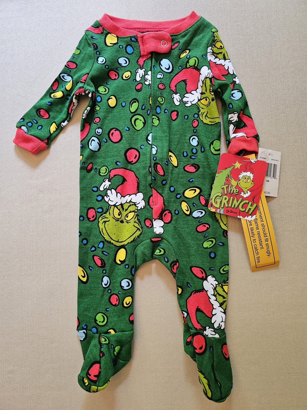 NWT The Grinch That Stole Christmas Dr. Seuss Baby Footed Pajamas Size: 3 Months